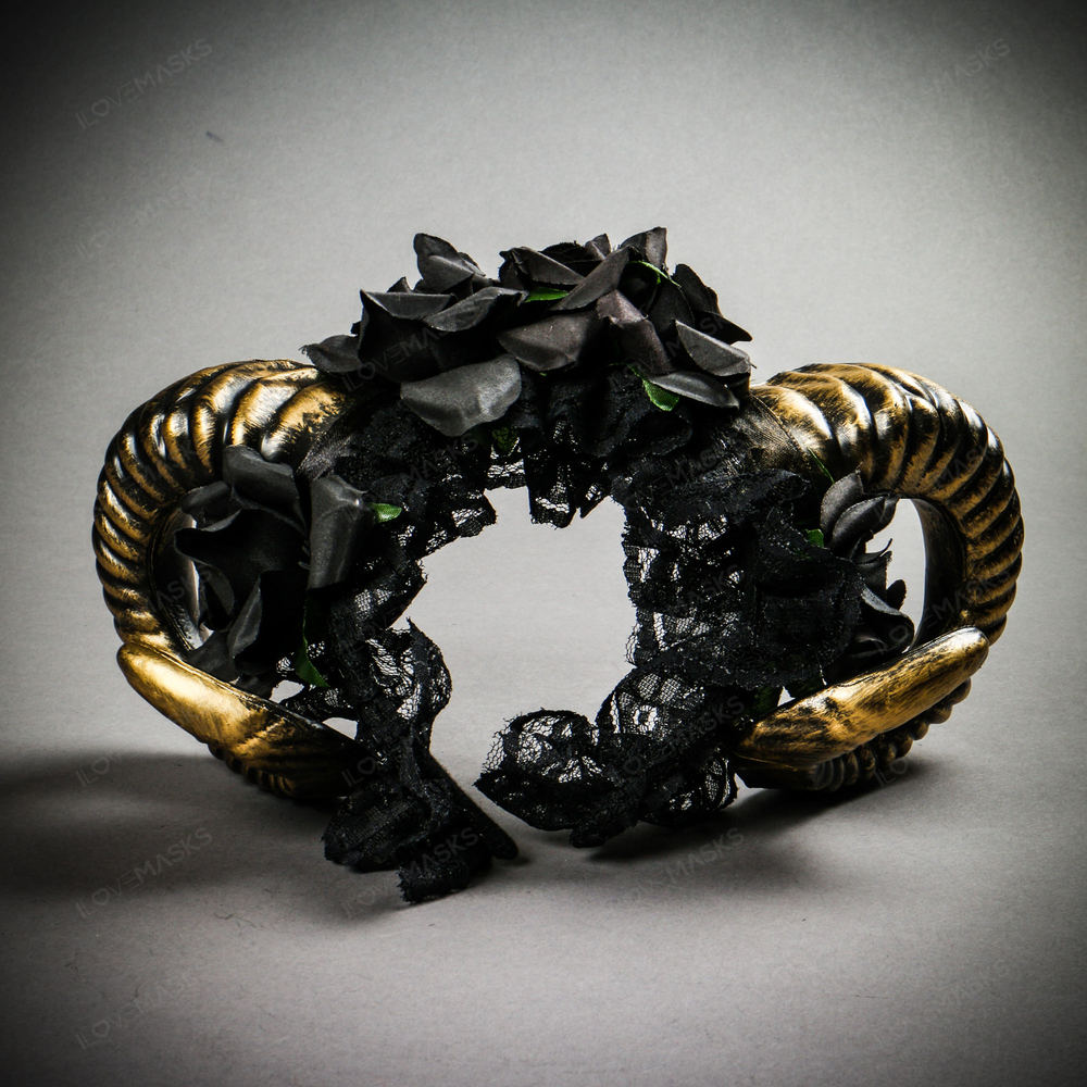 Gothic Demon Horn Black Rose Headband - Gold